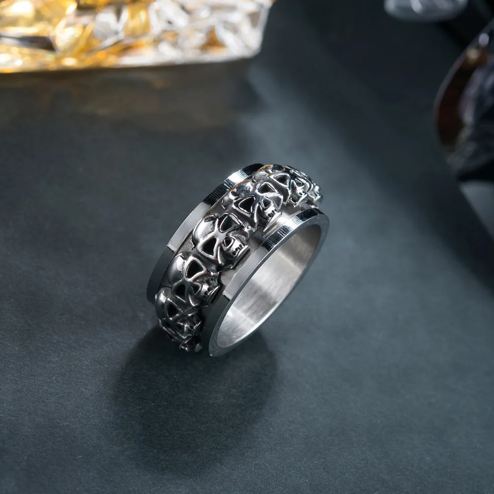 Wholesale Punk Stainless Steel Gothic Fashion Jewelry Rings Men Vintage Spinning Rotating Skull Ring