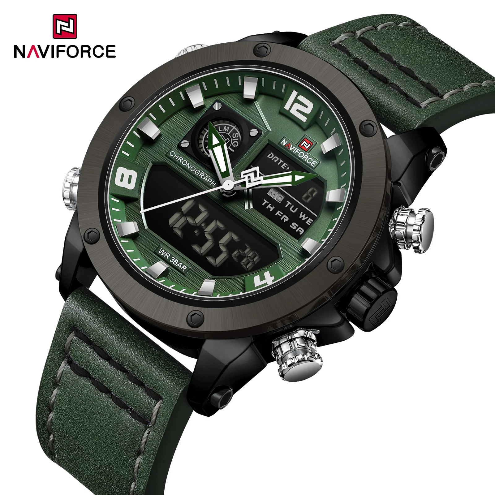 Naviforce NF9236 fashion men digital watch original Genuine Leather Strap water resist double display storage business watch set