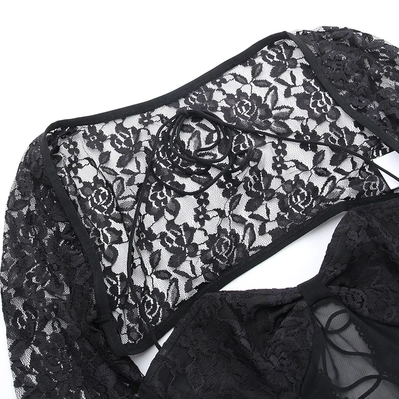 PDEP 2023 spring and  autumn Neck Lace Long Sleeve Mesh Top High Waist Sexy Micro-transparent Straight Pants 2 piece set women