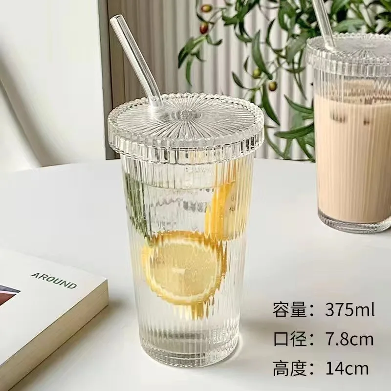 Hot Sale 350ml Transparent Bubble Tea Cup Simple Ribbed Vertical Stripes Glass Cup With Lid and Straw