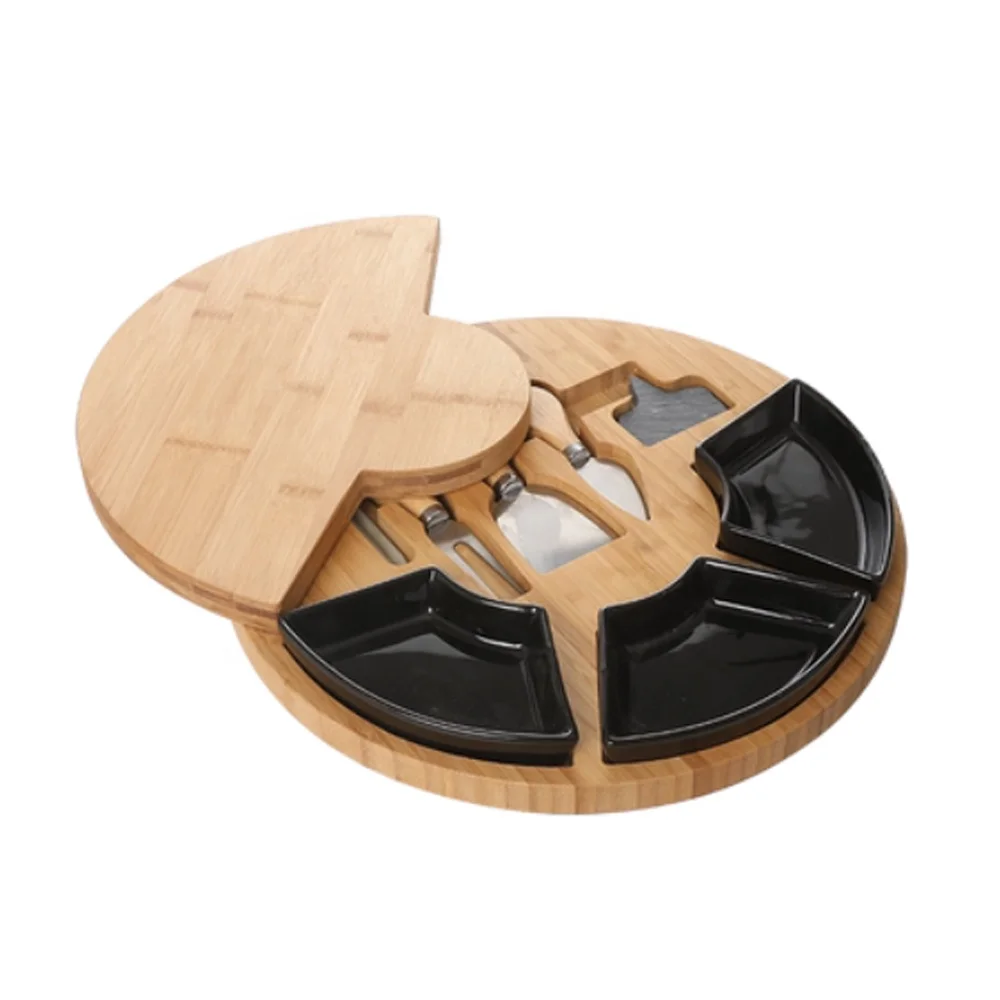 Topselling Round Bamboo Wood Charcuterie Board Set, Wood Cheese Boards, Charcuterie Boards Gift Set Serving Plates