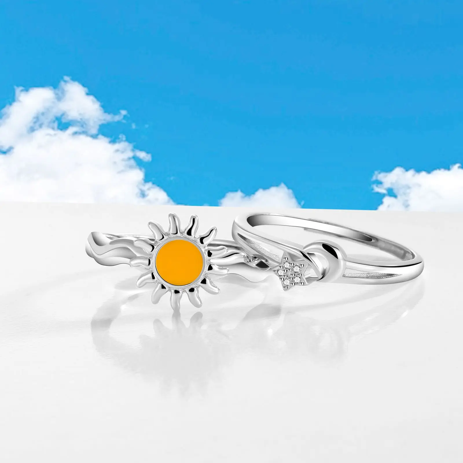 Sun Moon and Stars Couple Open Ring Pair 925 Sterling Silver Light Luxury INS Pair Ring Perfect Gift for Girlfriend