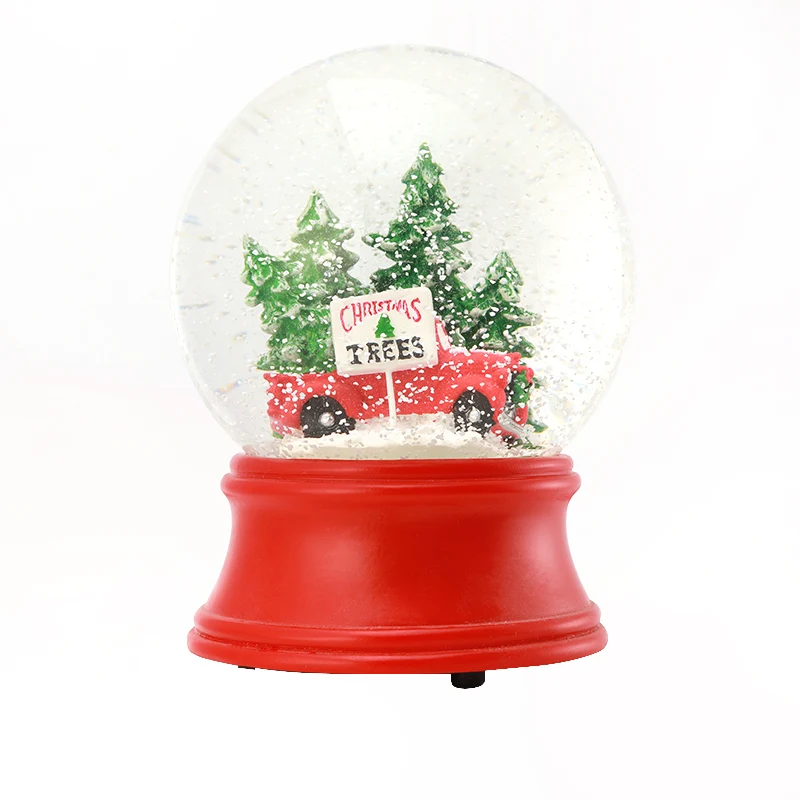 Custom Tree Snow Globe Resin Water Globe Glass Blowing Snow Tree Red Car Red Base Christmas Decor Gift Music Resin Snow Globe
