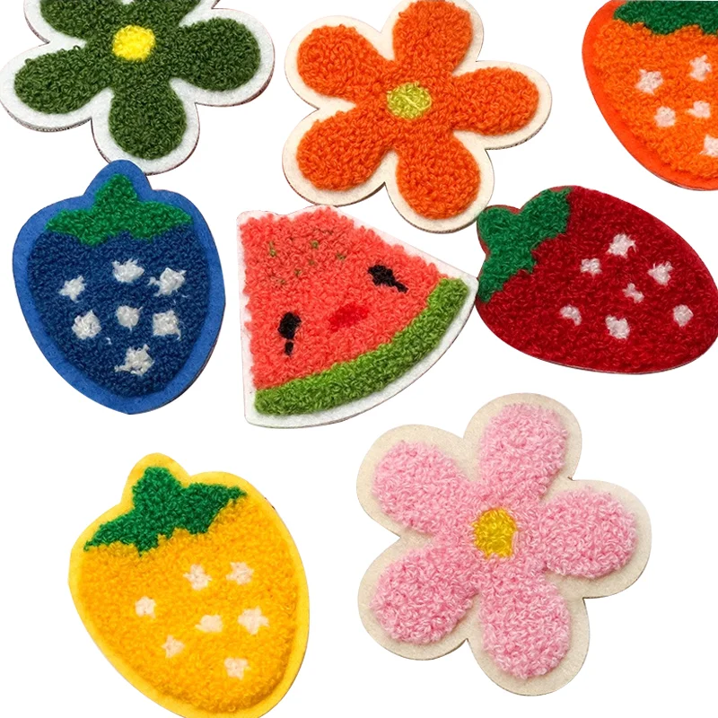 New Cute Colorful Fruit Design Custom Towel Embroidery Patches Custom Flower Chenille Embroidery Iron On Patches for Hat Bag