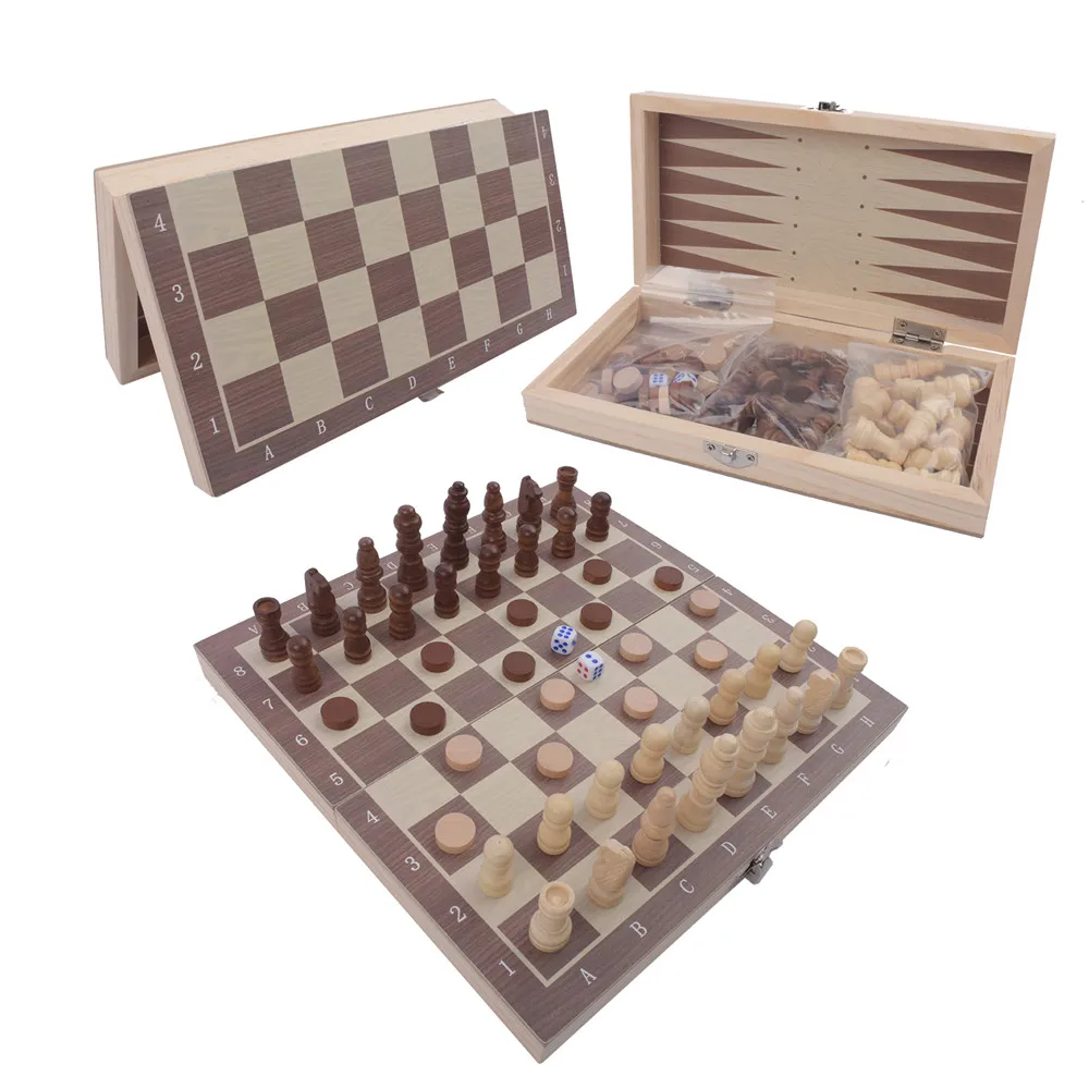 Cheap Wooden 3 in 1 Chess Board  Game Chess Checkers Backgammon Set