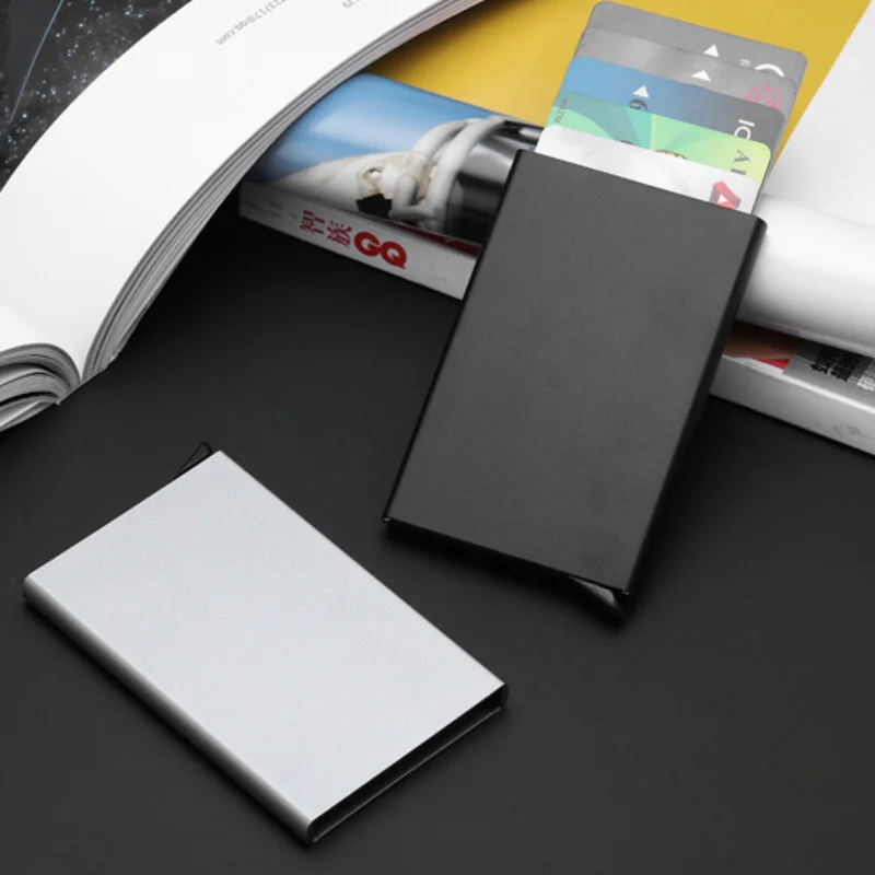 Slim Aluminum Wallet With Elasticity Back Pouch ID Credit Card Holder Mini RFID Wallet Automatic Pop up Bank Card Case Box
