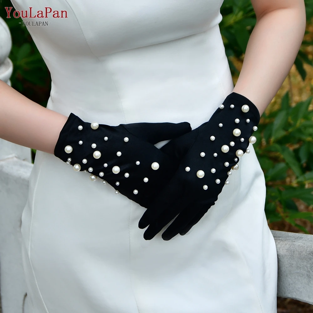 YouLaPan VM12 Black Party Pearl Gloves Evening Sexy Ladies Gloves Long Short with Fingers Bridal Gloves