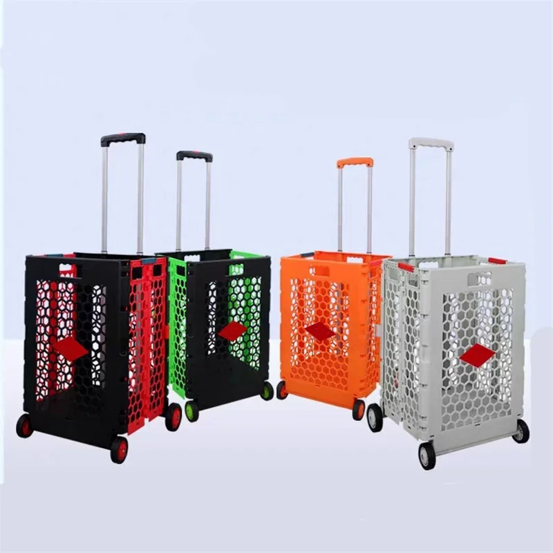 Large Capacity Portable Foldable Plastic Mesh Rolling Trolley Shopping Grocery Cart