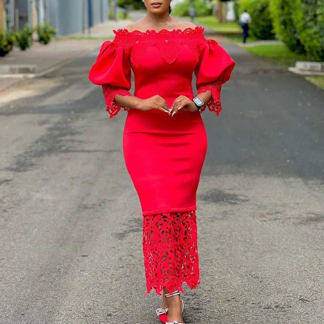 Vintage French waist closing red buttock wrap dress long skirt with lace splicing off shoulder lantern sleeve dress