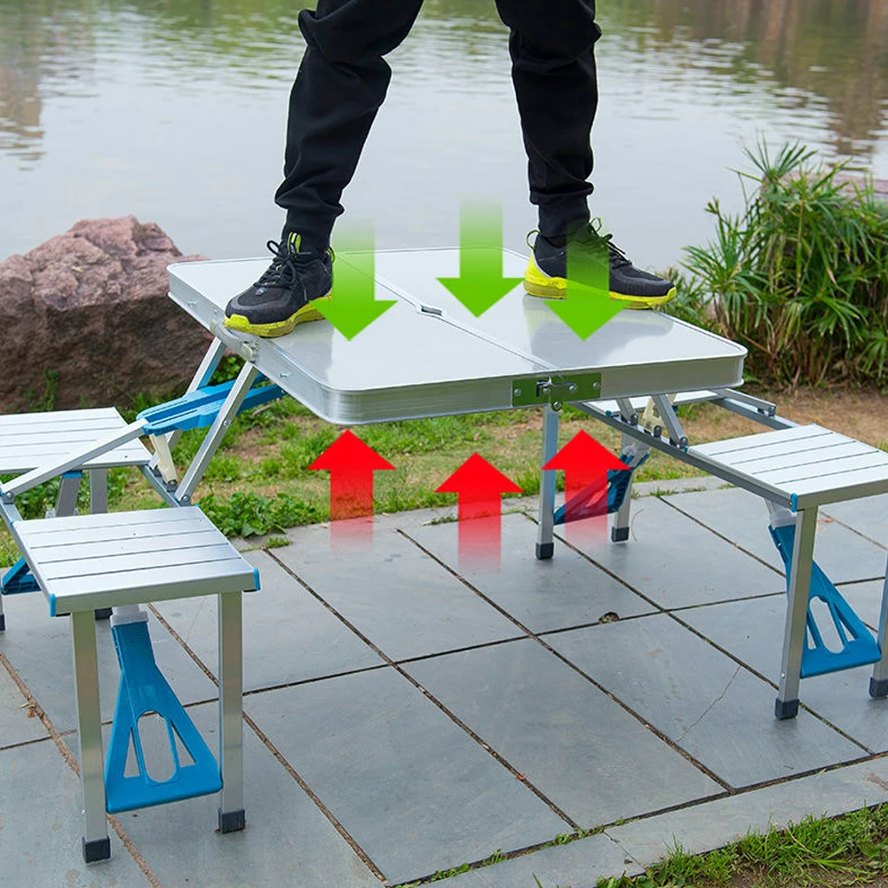 4-Seats Aluminum Alloy Portable Camping Fold Up Travel Picnic Beach Table Siamese Tables Chairs Set With Umbrella Hole