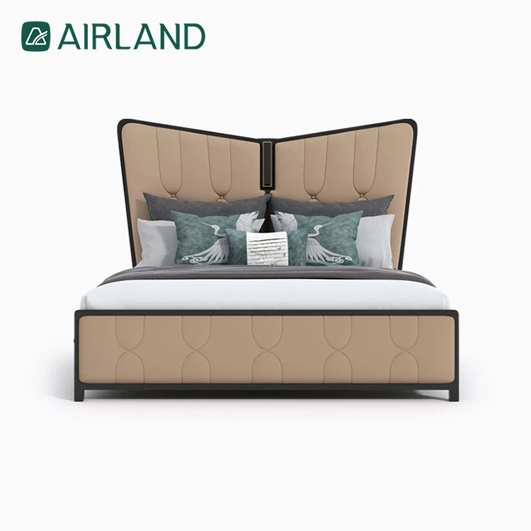 Simple bed frame comfortable modern bedroom furniture soft genuine leather double bed