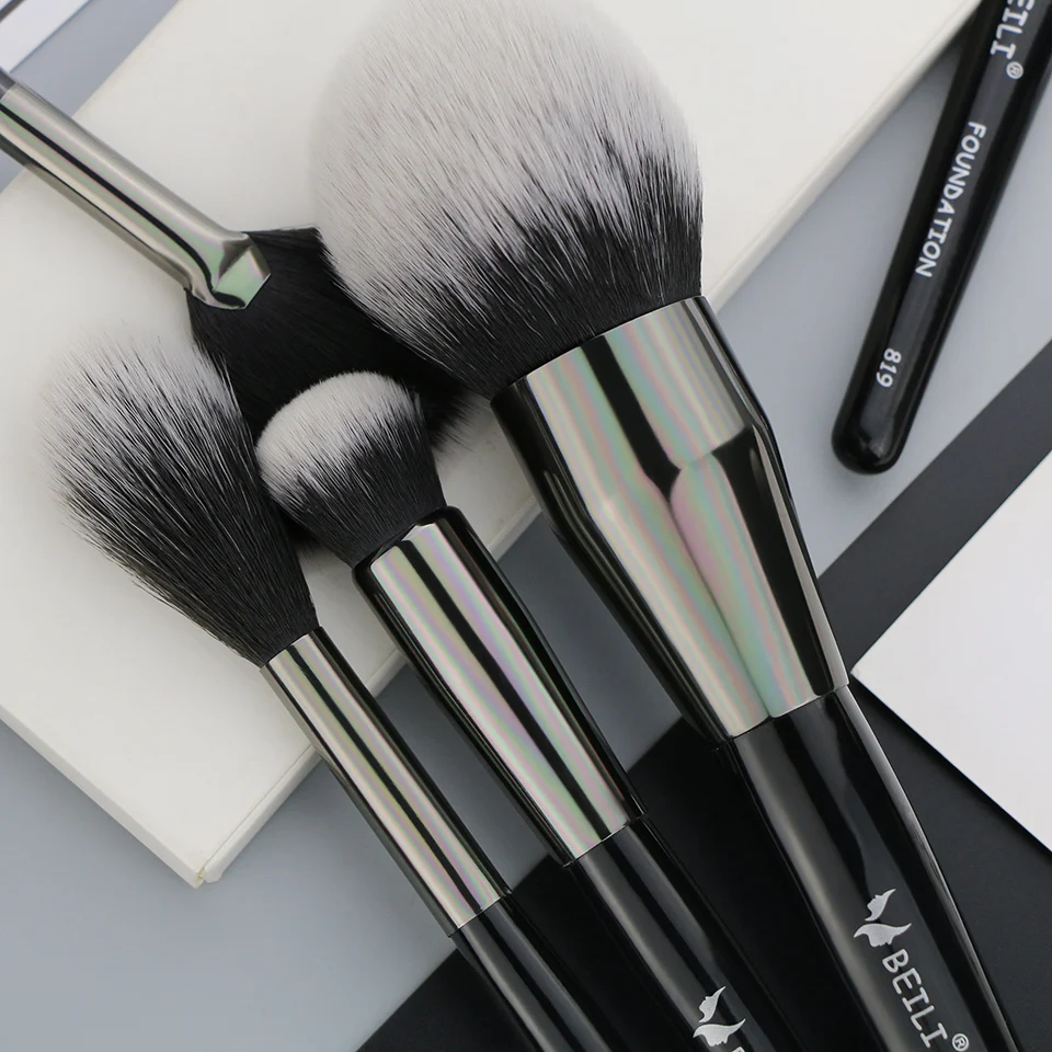 BEILI Black Shiny Wood Handle Pony Goat Synthetic Hair 40Pcs Makeup Brushes Set Concealer Blush Brush Private Label Brochas