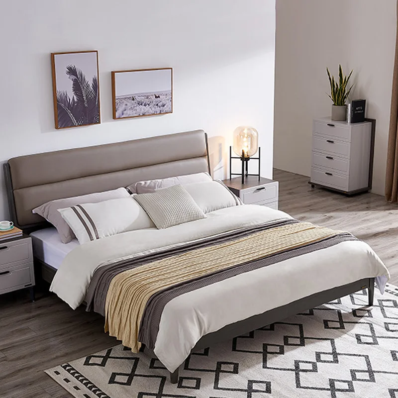 802702 Bedroom Furniture Double Size Wood Modern genuine leather upholstered bed
