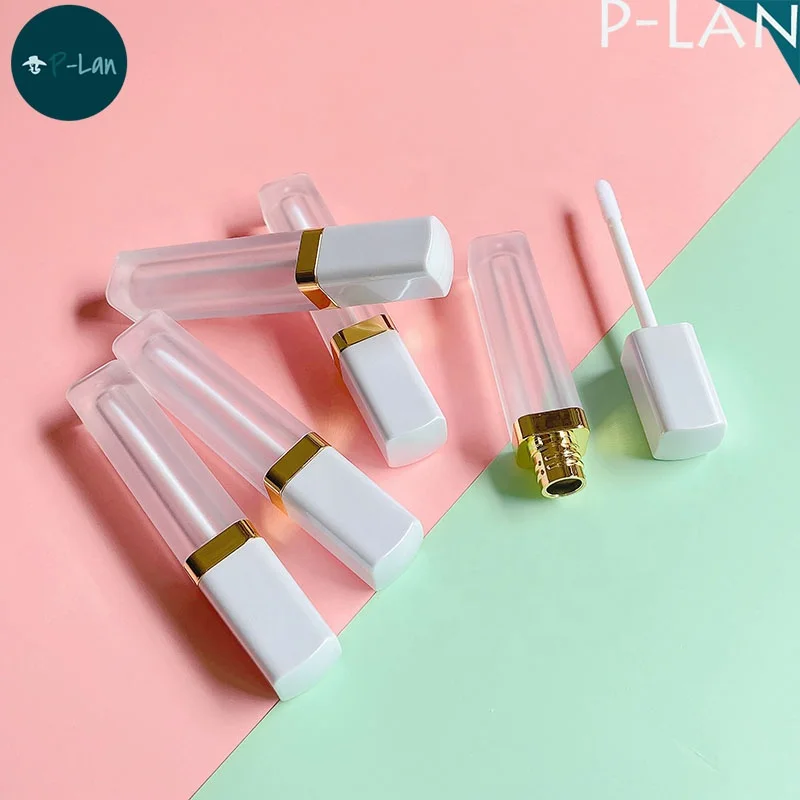 P-Lan Brand Stock 100pcs 4ml Pearl White Top Frosted Liquid Lipstick Tubes Custom Logo Empty Square Lip Gloss Tube With Wand