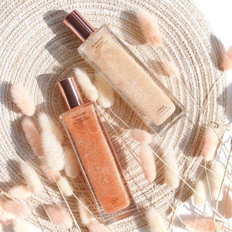 private label shimmer body oil glow tanning oil with glitter with fruit extract