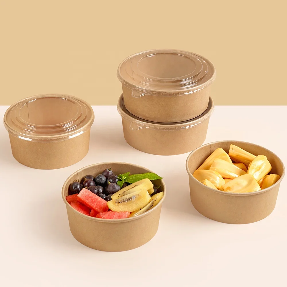 customize logo printing disposable kraft paper bowl paper salad box round paper container with OPS lid for fast food fruit snack