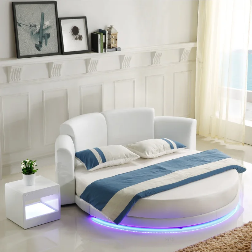 Simple Bedroom Luxury Round Bed Creative Designer Led Light Decoration Bedroom Double Bed round platform bed