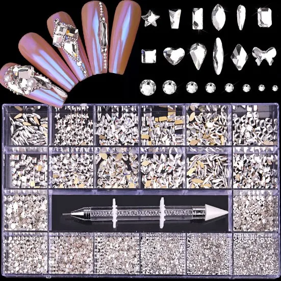 High Quality Different Size Luxury Nails Crystal Stones Charm Decoration 3D Nail Art Rhinestone Set With Point Drill Pen