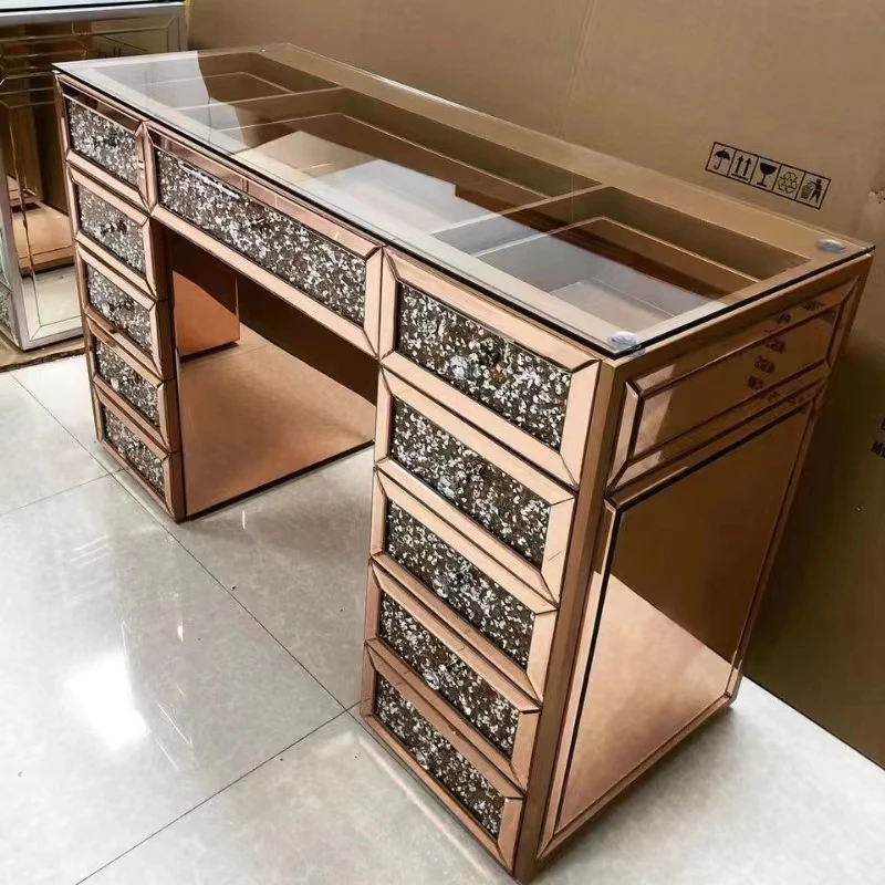 Modern Luxury 13-drawer Panel Dressing Table Storage for Bedroom Furniture Bedroom Sets MDF with LED Mirror Wood Gold 1 Piece