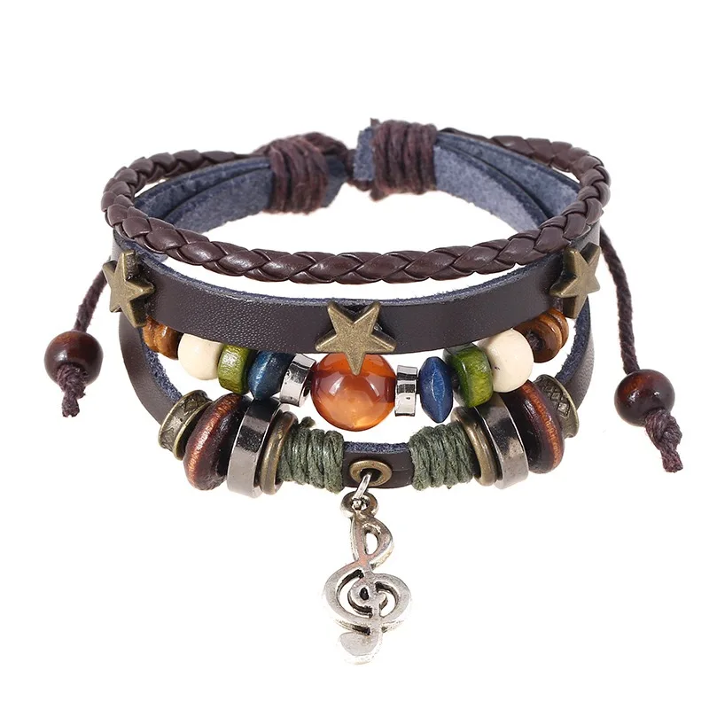 Wholesale Punk Music Symbol Pendant Beaded Bracelet Adjustable Size Leather Festival Bracelet Electroplating Daily Wear
