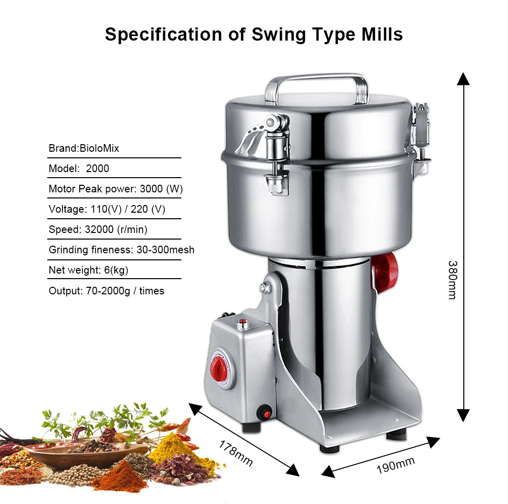 Customize Commercial Household Mill 800G/2000G Herb Coffee Bean Grinder Medicine Powder Crusher Food Grinding Spice Grains