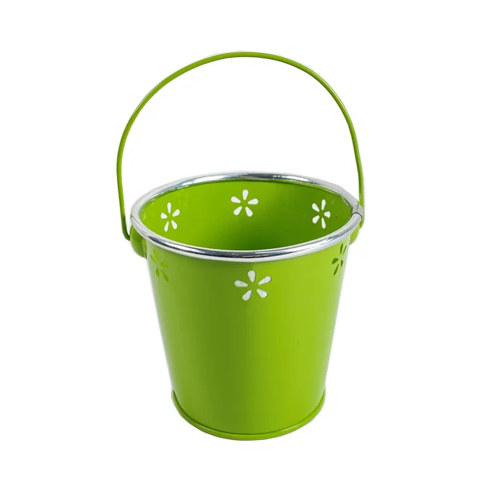 Green small  metal bucket with handle silver rimmed  flower pots hollow lace decoration