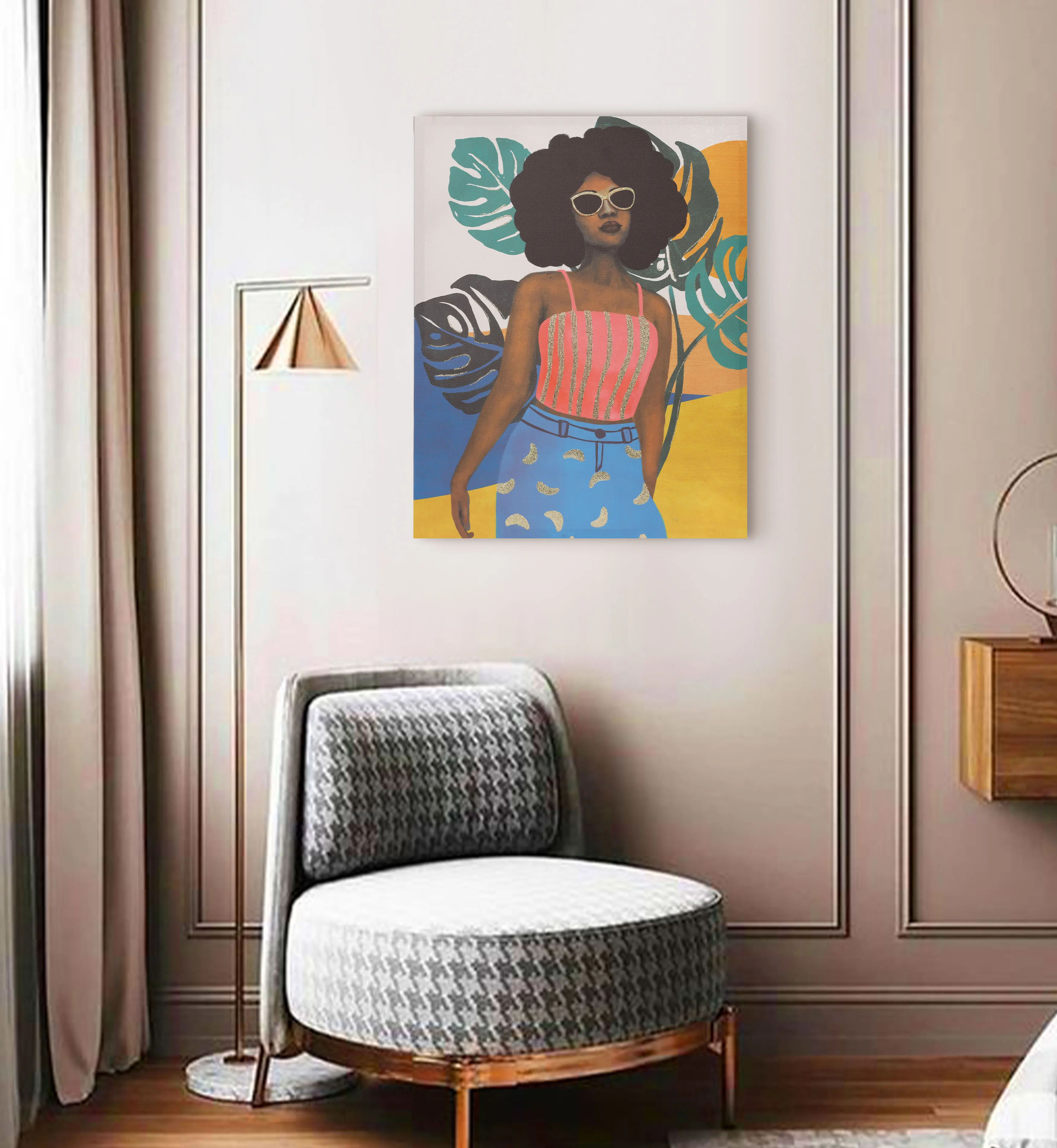 Classical Art Modern Portrait Wall Decor Black African Sunglasses Women Canvas Art Printing Other Oil Painting