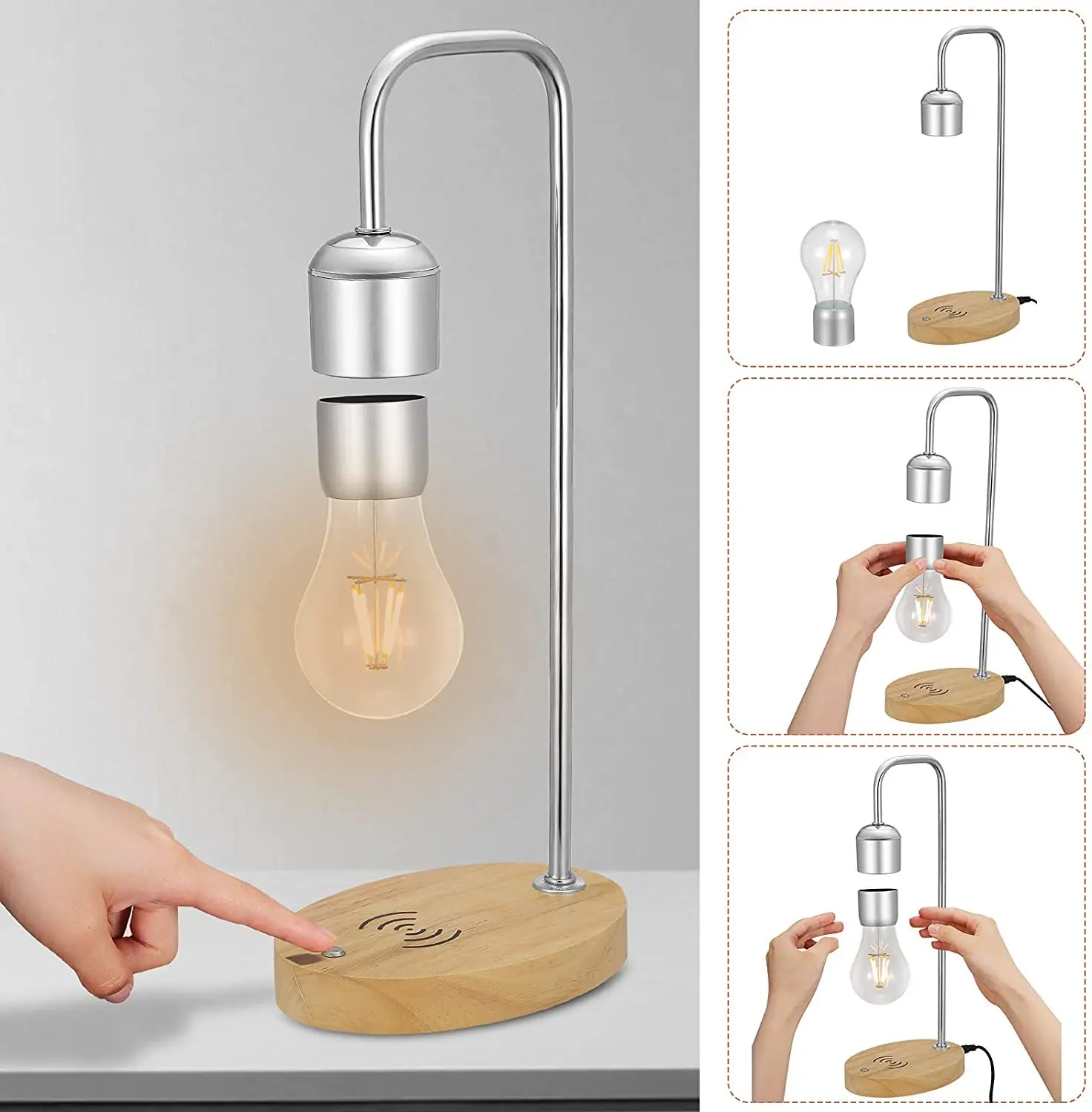 Floating Bulb Desk Lamp Levitating Bulb Night Light Minimalistic Magnetic Bulb Lamp with Wireless Phone Charger in Silver