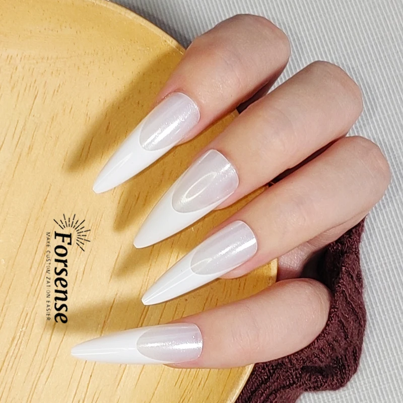 wholesale simple white french tip fake nails with glue bulk long stiletto press on nails bride wedding false nail art designs