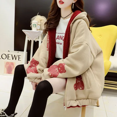 Both positive and negative lamb wool cardigan jacket sweater women plus velvet thickening 2021 autumn and winter new loose jacke