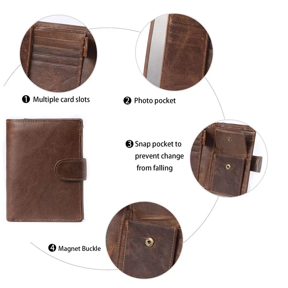 Retro Leather Case Case Mans Bifold Zipper Wallet With Coin Pocket RFID Blocking Custom Crazy Horse Leather Wallet