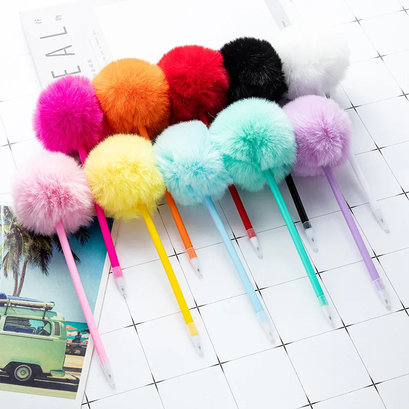 cute pompom ballpoint pen kawaii plush fluffy ball pen school stationery