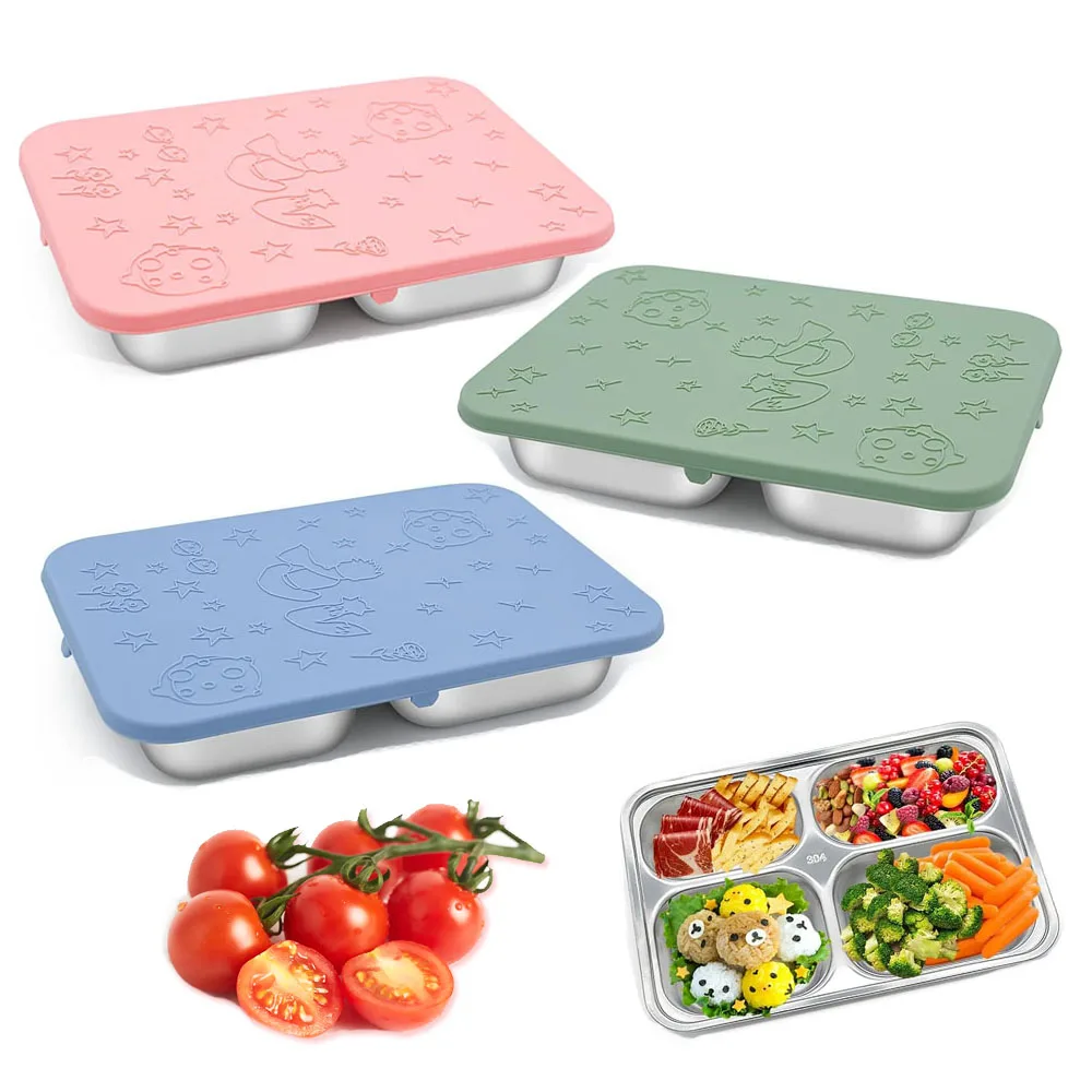 Leakproof 4 compartment Metal Stainless Steel Sandwich Snack Salad Bento Lunch Box Container Kids With Silicone lid
