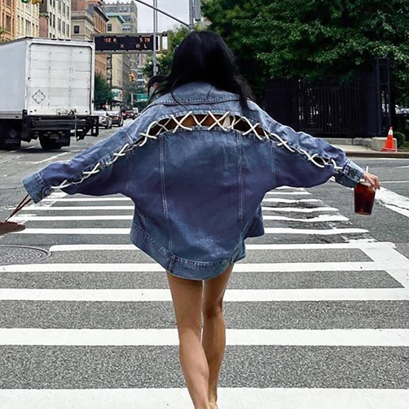 Fashion Autumn New Street Style Coat Loose Rope Tie Lapel Casual Jacket Denim Jacket for Women