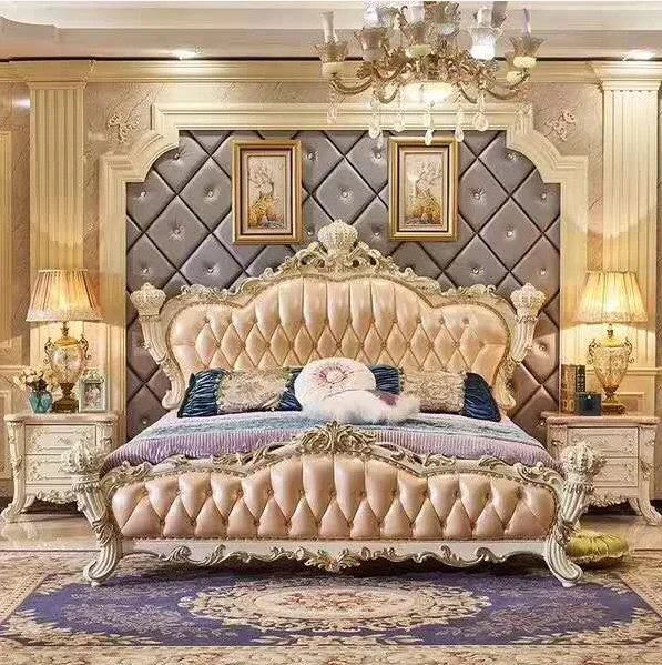 
European Italian antique furniture wooden genuine leather royal bedroom set for big house 