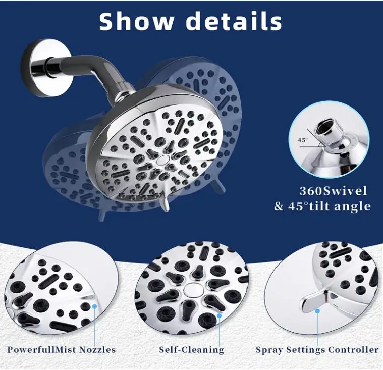 High Pressure Shower Head 7 Settings Fixed Showerhead High Flow Bathroom Showerhead with Adjustable Brass Ball Joint