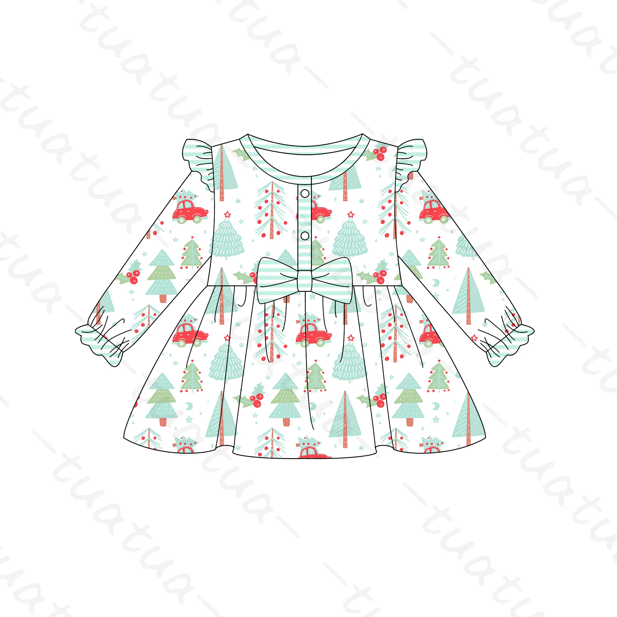 custom mommy and me outfits girl matching Christmas long sleeve bow lace flying sleeve baby dress