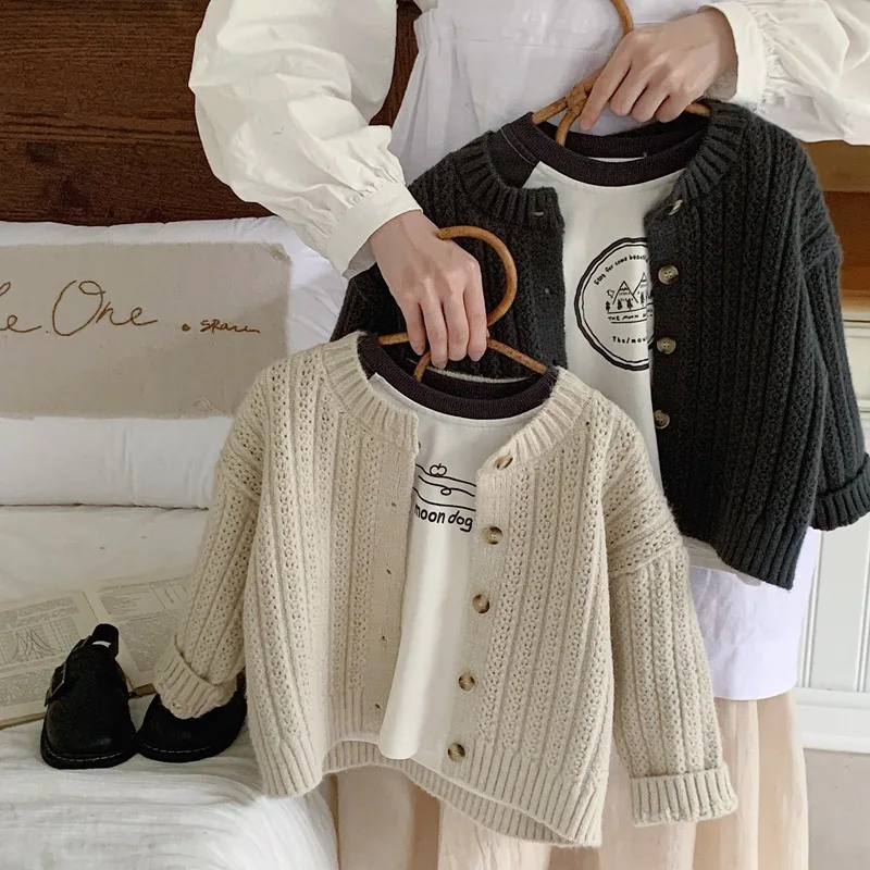 OEM Factory Custom Designer Fall Winter Casual Solid Color Knitted Baby Kids Girl and Boy Cardigan Sweater