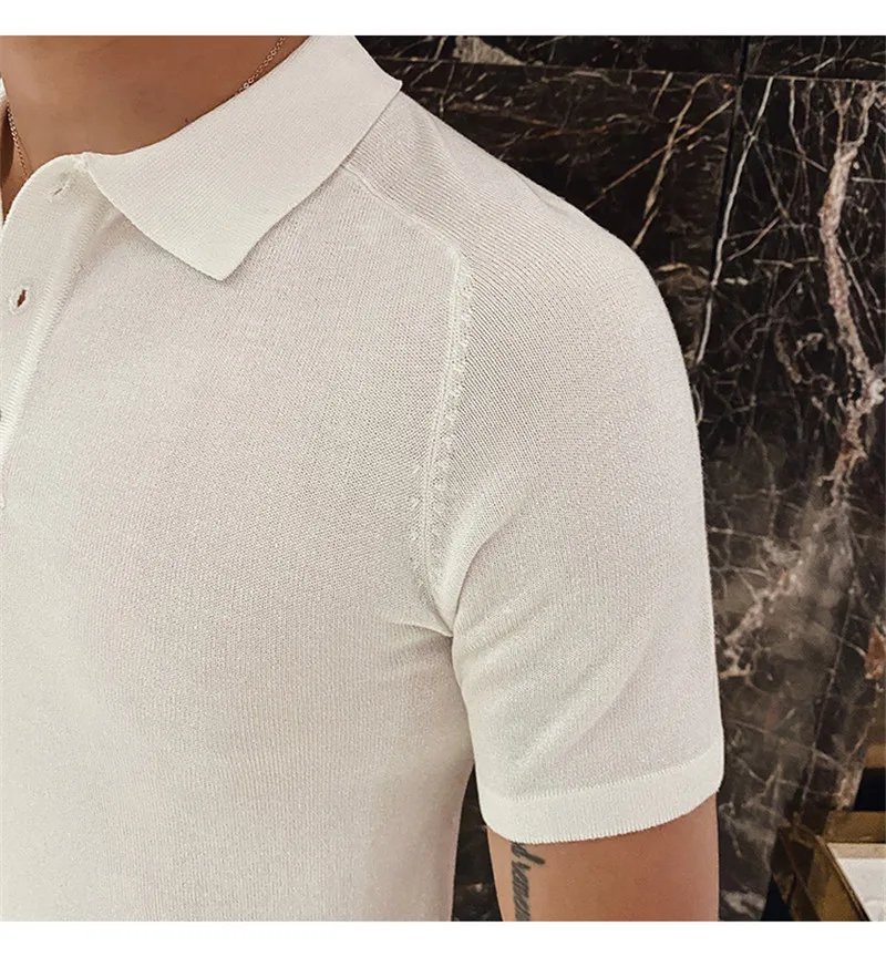 
high quality silk feeling cool short sleeves cardigan polo shirt men anti pilling knitted polo shirt 