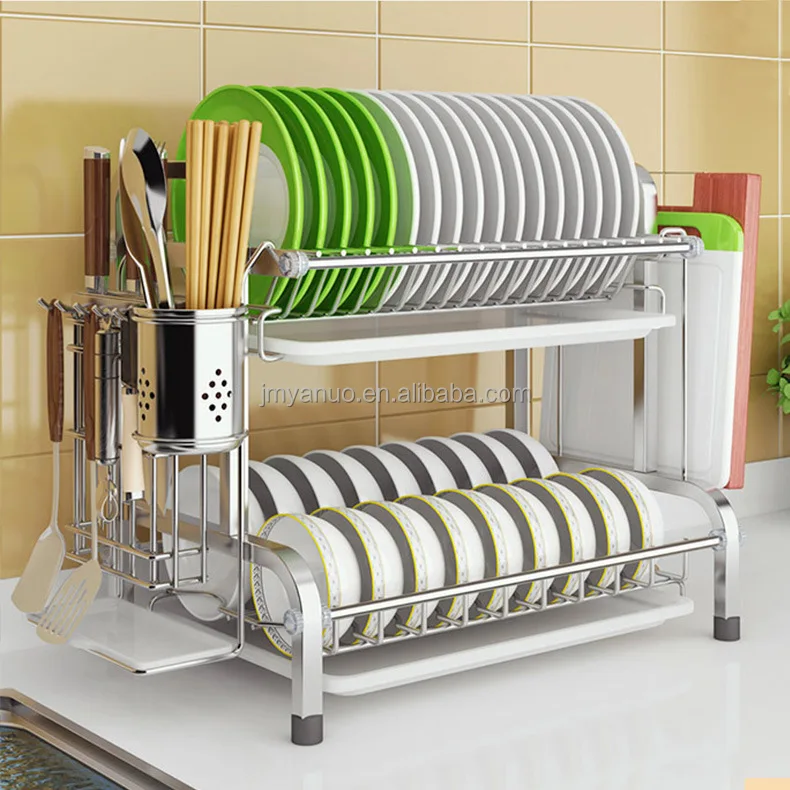 Dish Drying Rack 2 Tiers Dish Rack and Drainboard Set for Kitchen Counter Kitchen Shelf Storage Storage Holders & Racks Standing