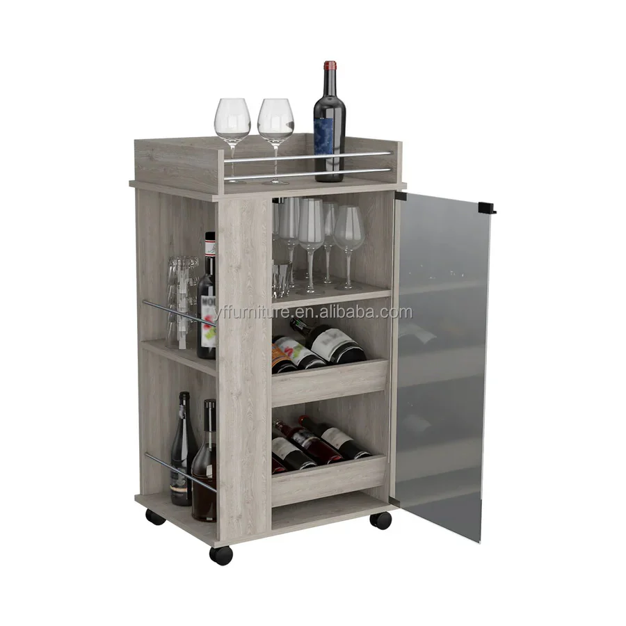 High Quality   Kitchen Pantry Bar Cart with Casters, Glass Door, 2 Inner Shelves, and 2 Side Shelves