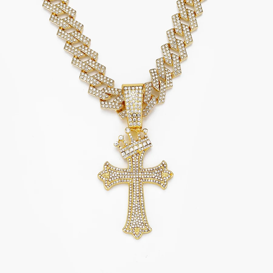 Fashion 15mm Punk CZ Miami Chain Necklaces With Alloy Cross Pendent Chain Choker Jewelry