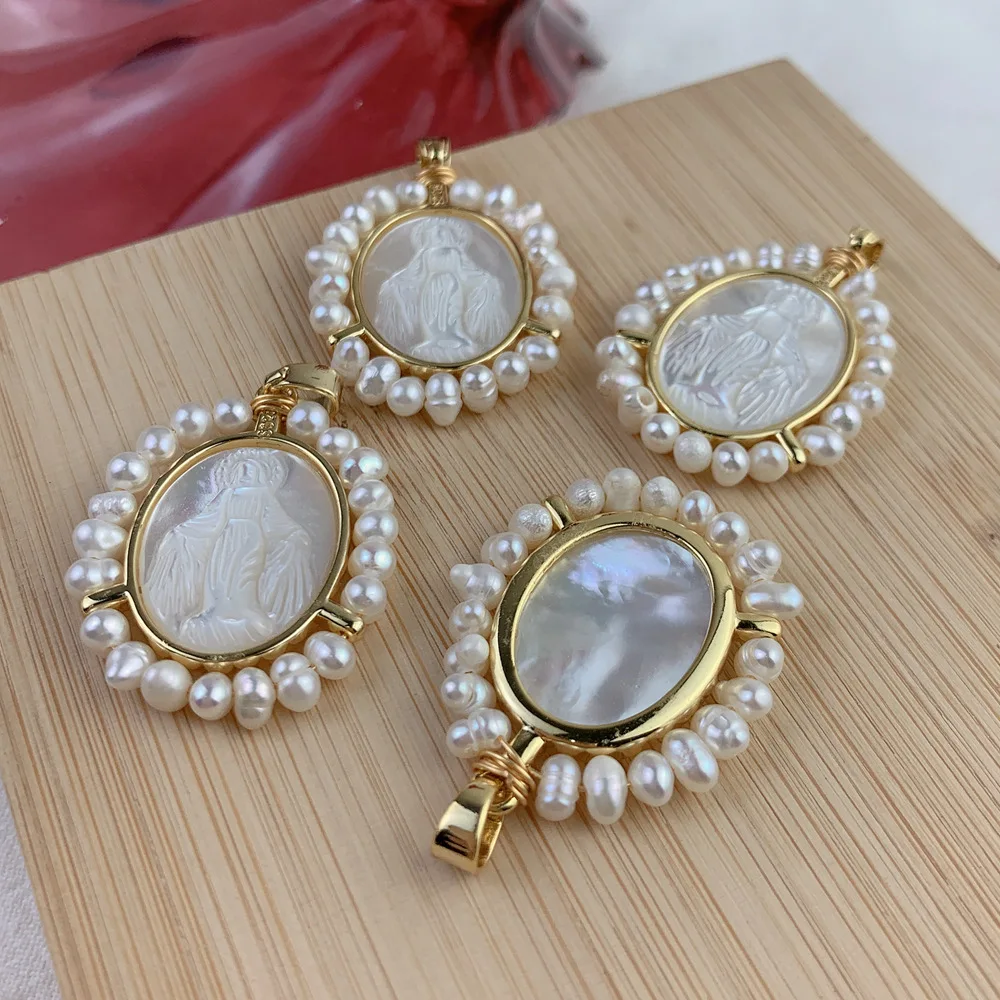 Holy Guadalupe Virgin Mary Necklace Natural Freshwater Pearl MOP Shell Cameo Oval Medal Pendant Jewelry