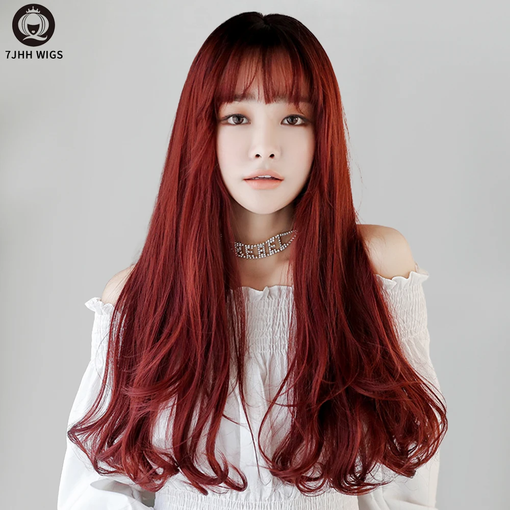 7JHH WIGS Wholesale Price 26 Inches Long Wavy Wig With Bangs 150% Density Natural Colored Synthetic Hair Wigs For Women