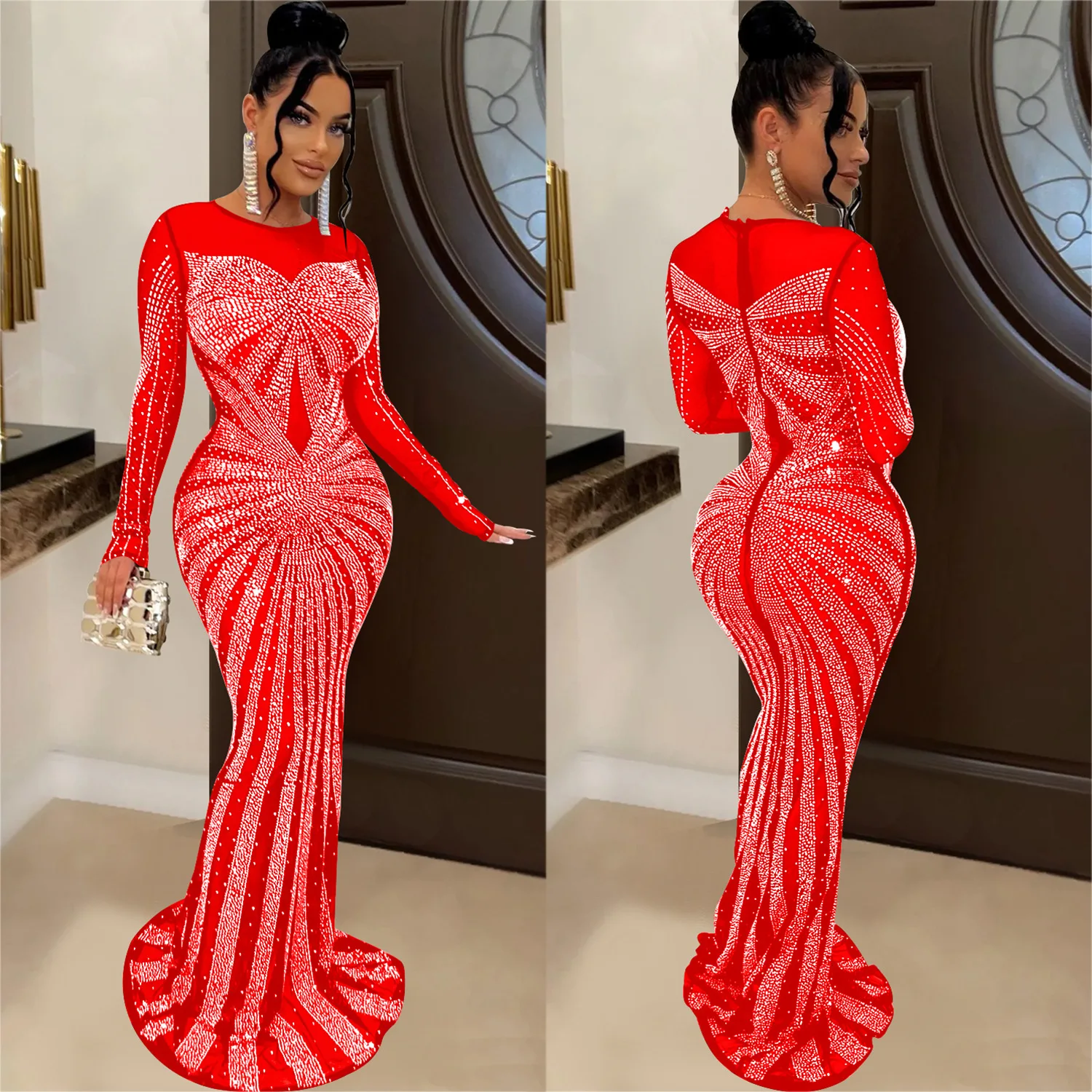 IHOOV Sheer Mesh crystal luxury maxi wedding rhinestone bridesmaid dresses women lady elegant