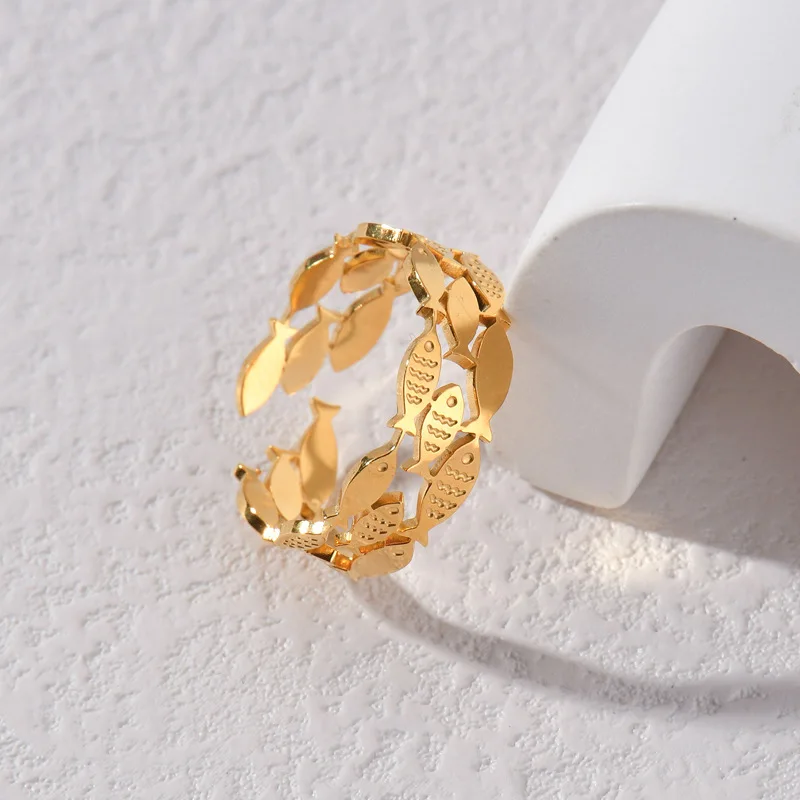 Fashion Jewelry 18K PVD Gold Plated Hollow Wide Open Ring Stainless Steel Fish Stacking Ring