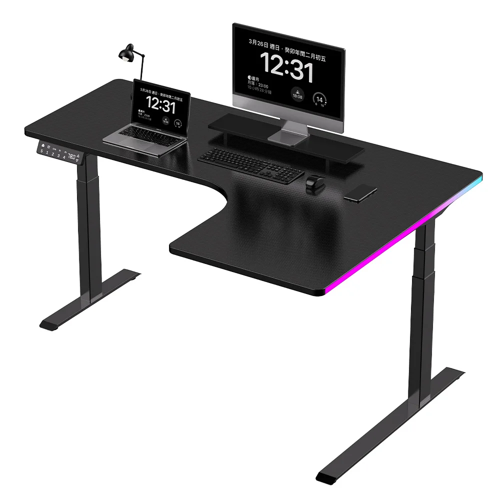 Gaming Computer Desk L-Shaped Corner Office Table RGB LED Carbon Wireless Charger USB-for Gamers Racers Workstation Black