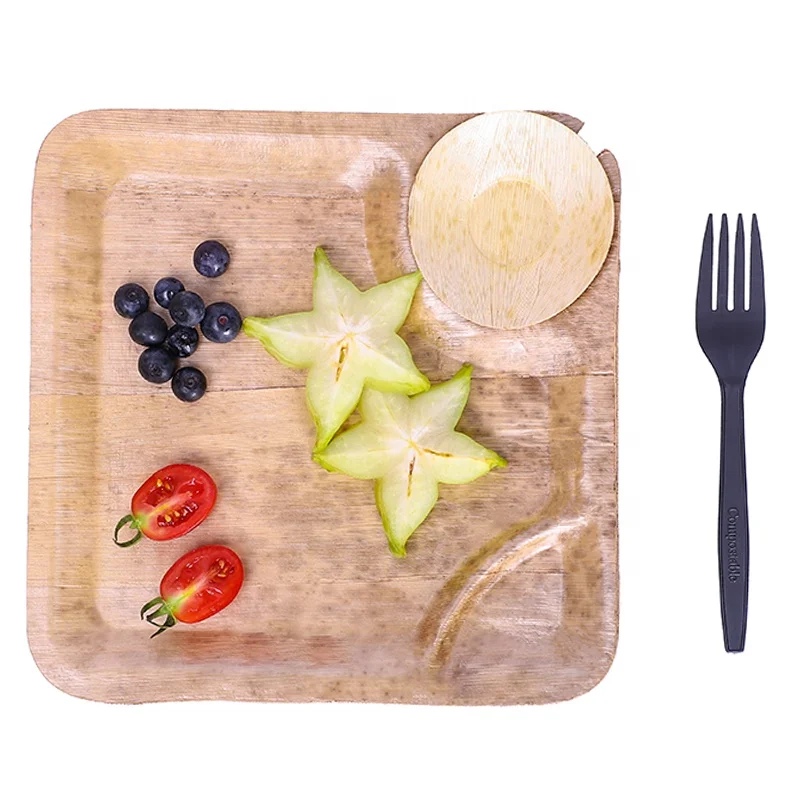 Disposable natural areca palm leaf plate bowl tray and banana leaf plates cutlery palm leaf tableware