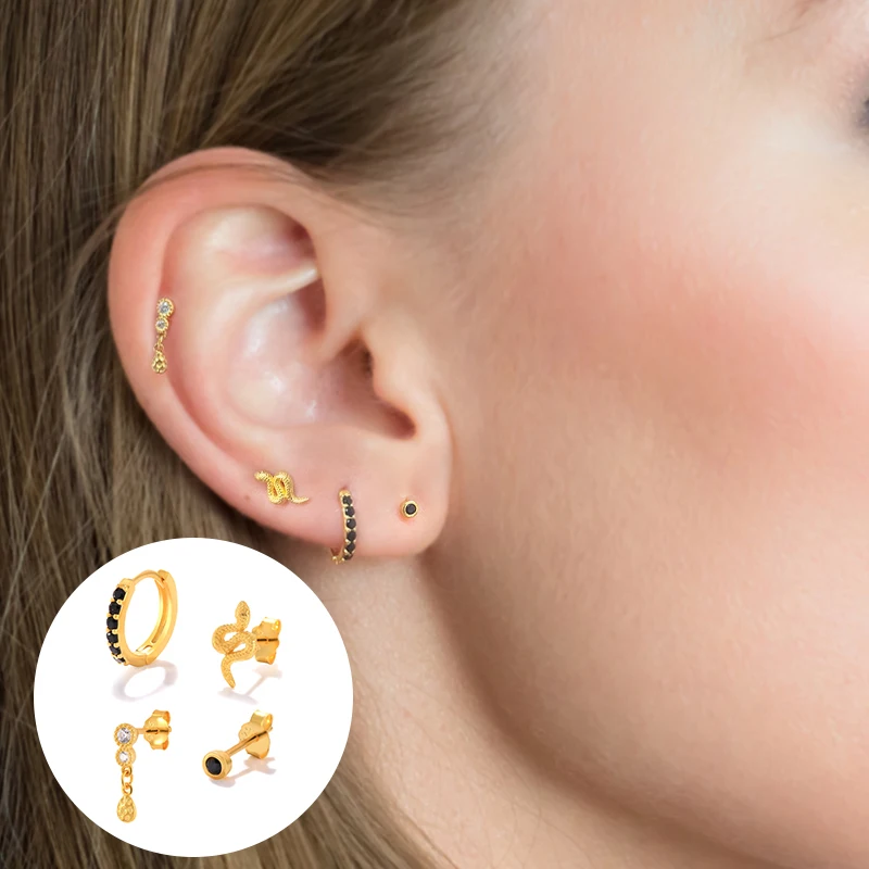 QLEESI Women Jewelry S925 Sterling Silver White Black Diamond Snake Shape Hoop Stud Earrings Set