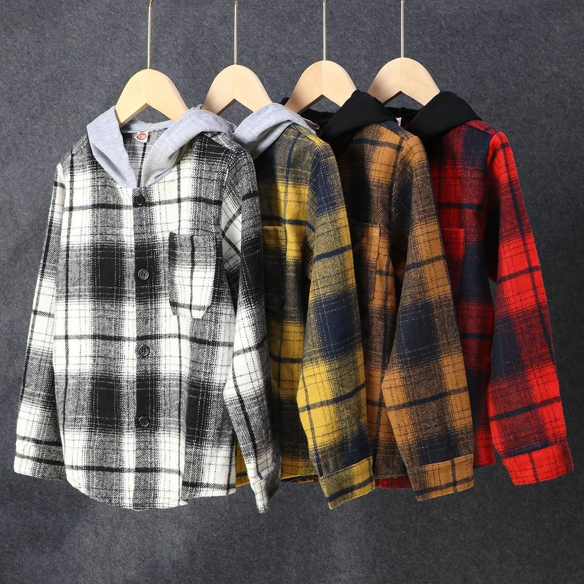 2022 Spring Autumn Children Boys Clothes Long Sleeved Single Breasted Plaid Hooded Sweater Teenage Shirt Kids Coat